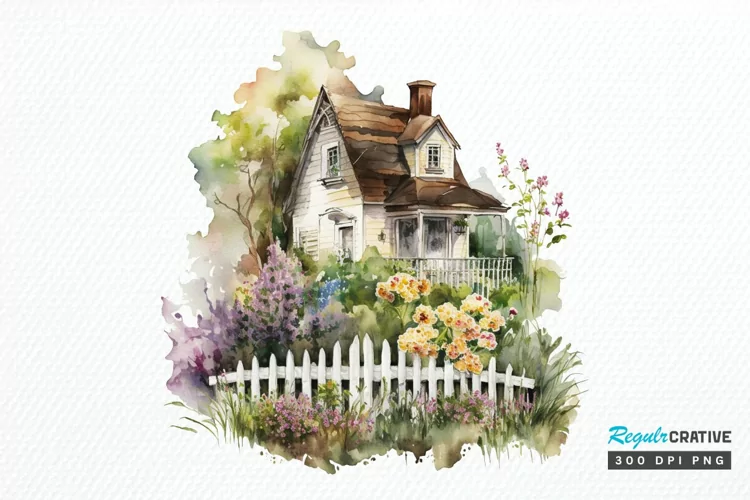 Watercolor House in Flower Garden PNG Clipart