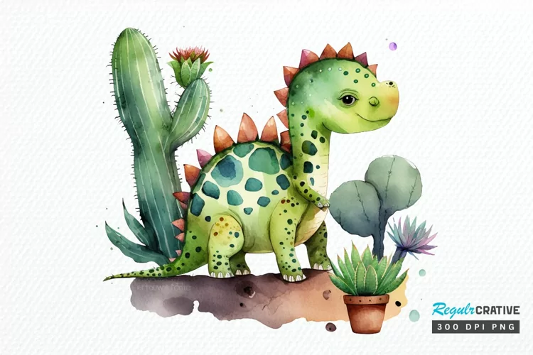 Watercolor Cute Dinosaur and Cactus PNG Clipart