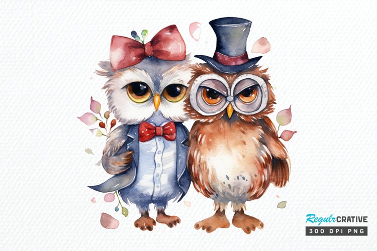 Watercolor Cute Couple Owl PNG Clipart