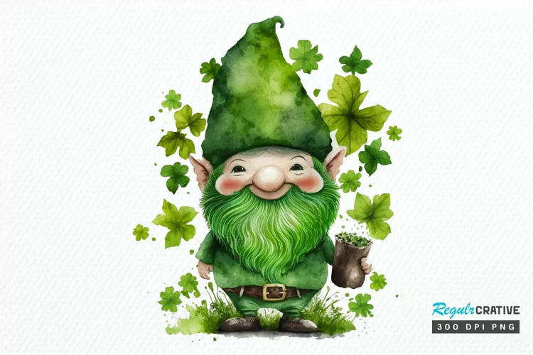 Watercolor St. Patricks Happy Green Gnome PNG Clipart