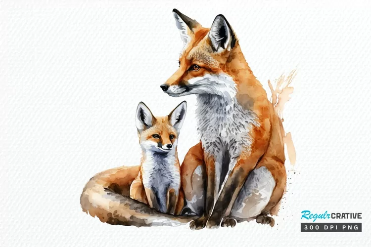 Watercolor Mom and Baby Fox PNG Clipart