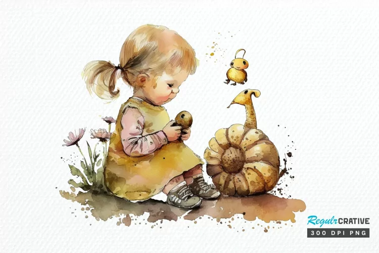 Watercolor Little Girl and Snails PNG Clipart