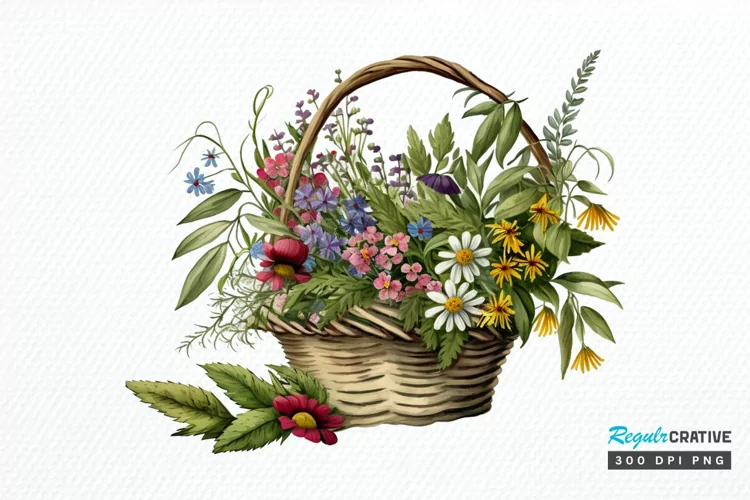 Basket of Wildflowers PNG Clipart