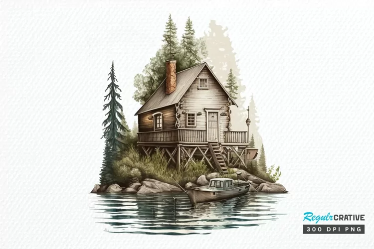 Watercolor Fishing Lodge PNG Clipart