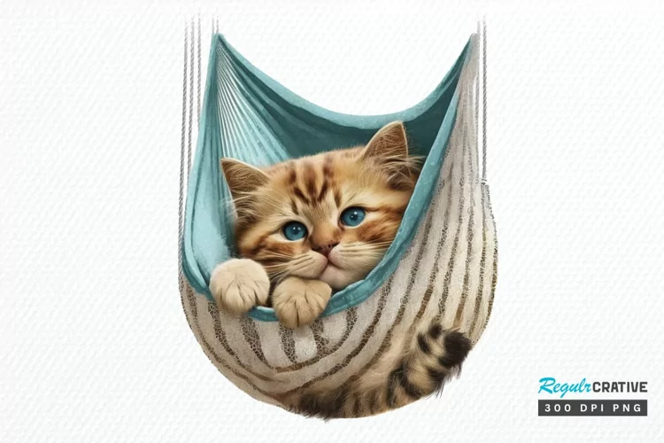 Watercolor Cute Cat in a Hammock PNG Clipart