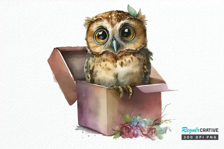 Watercolor Cute Owl Girl in Gift Box PNG Clipart