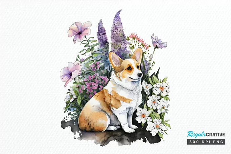 Watercolor Cute Corgi and Flowers PNG Clipart