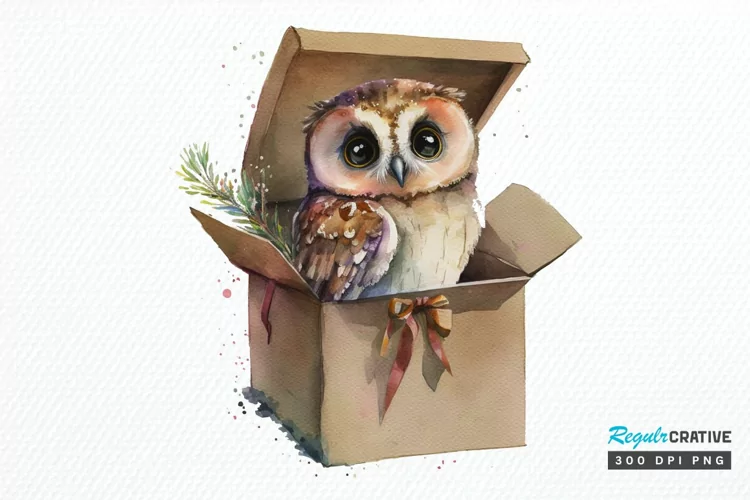 Watercolor Cute Owl Girl in Gift Box PNG Clipart