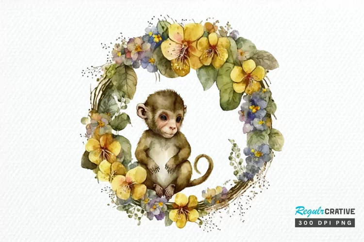 Watercolor Baby Monkey Flower Wreath PNG Clipart