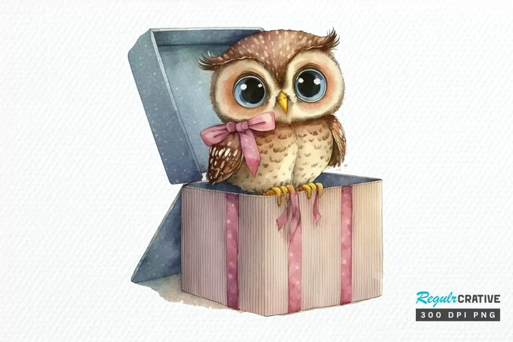 Watercolor Cute Owl Girl in Gift Box PNG Clipart