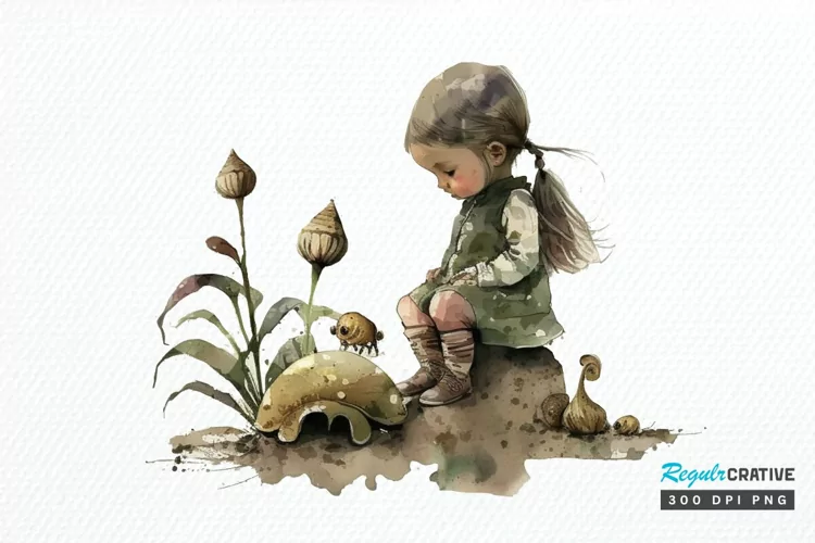 Watercolor Little Girl and Snails PNG Clipart