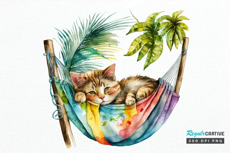 Watercolor Cute Cat in a Hammock PNG Clipart