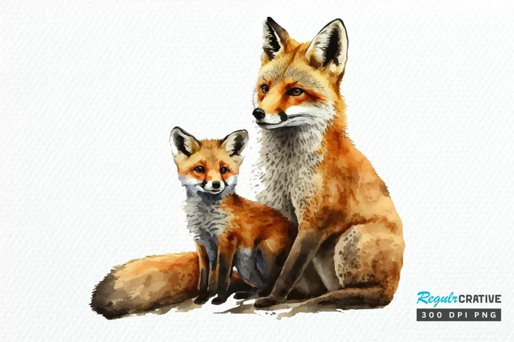 Watercolor Mom and Baby Fox PNG Clipart