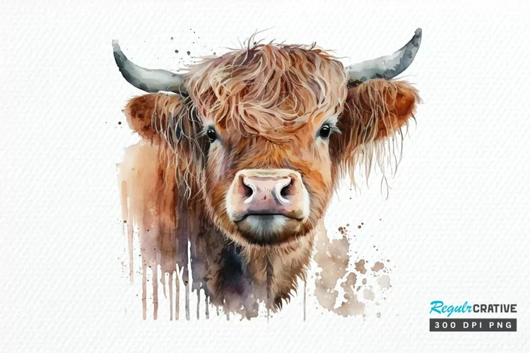 Watercolor Cute Highland Cow PNG Clipart