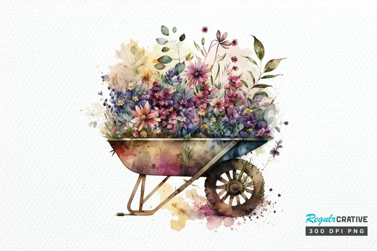 Watercolor Floral Wheelbarrows PNG Clipart