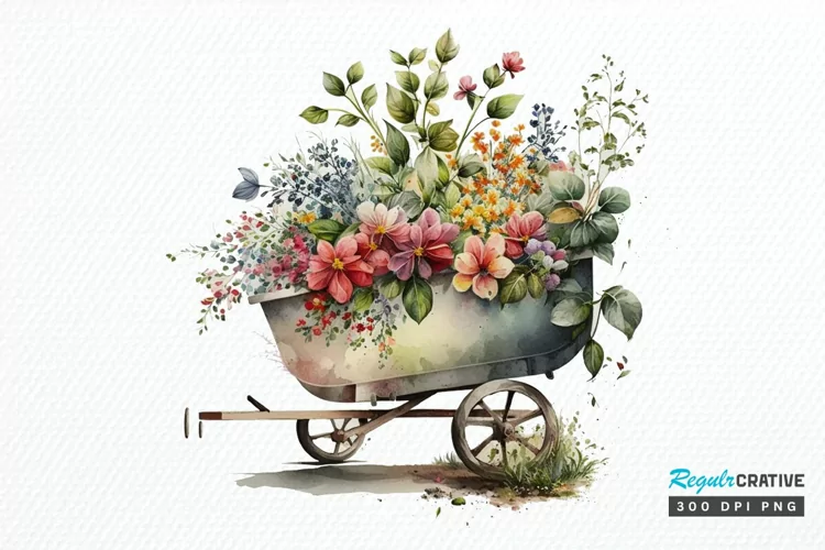 Watercolor Floral Wheelbarrows PNG Clipart