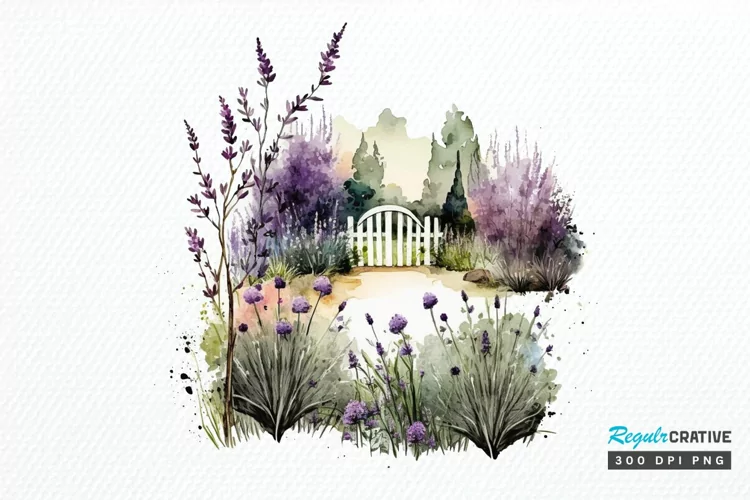 Watercolor Lavender Garden PNG Clipart