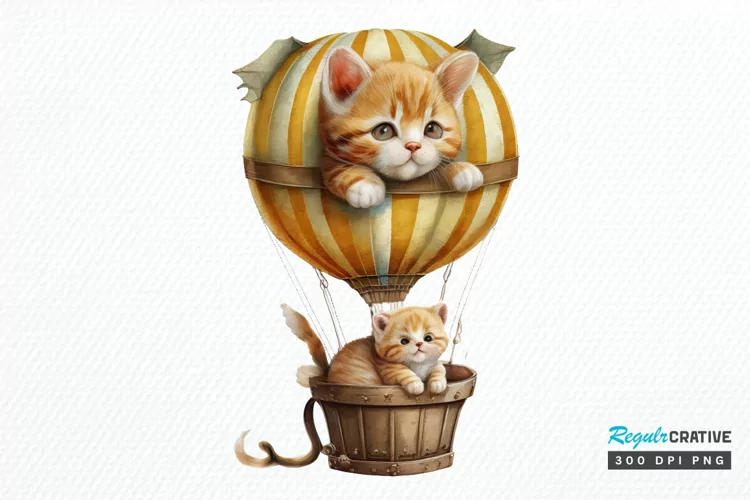 Watercolor Cute Kitten with Air Balloon PNG Clipart