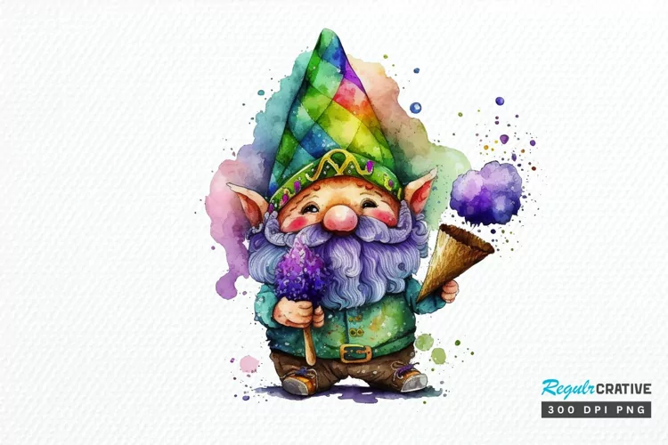 Watercolor Cute Gnome Mardi Gras PNG Clipart