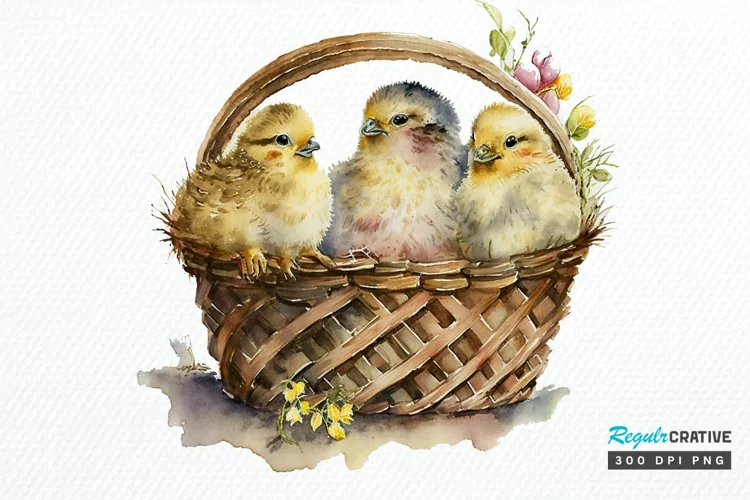 Watercolor Chicks in a Basket PNG Clipart