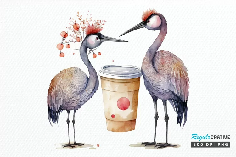 Watercolor Cute Cranes with a Cup PNG Clipart