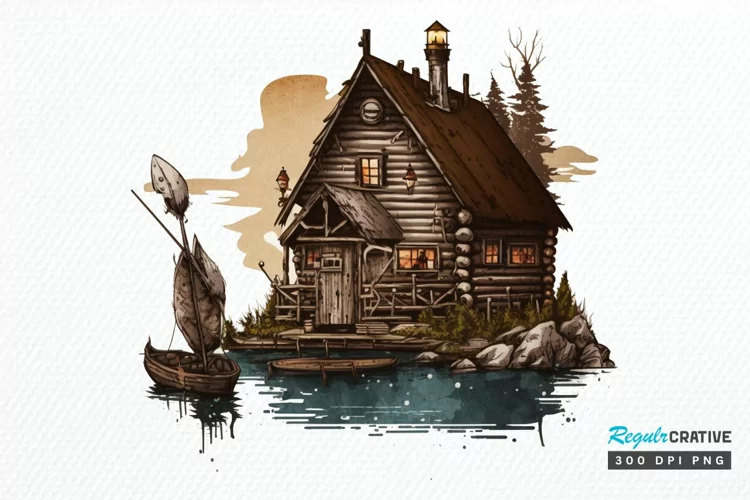 Watercolor Fishing Lodge PNG Clipart