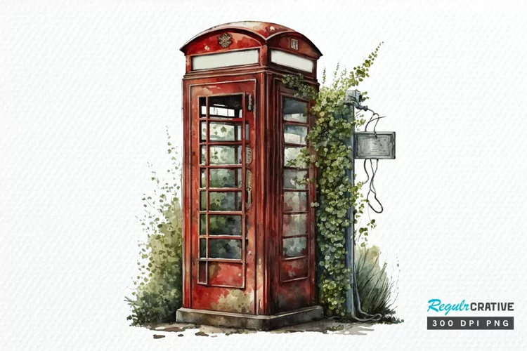 Watercolor Vintage Public Telephone Booth PNG Clipart