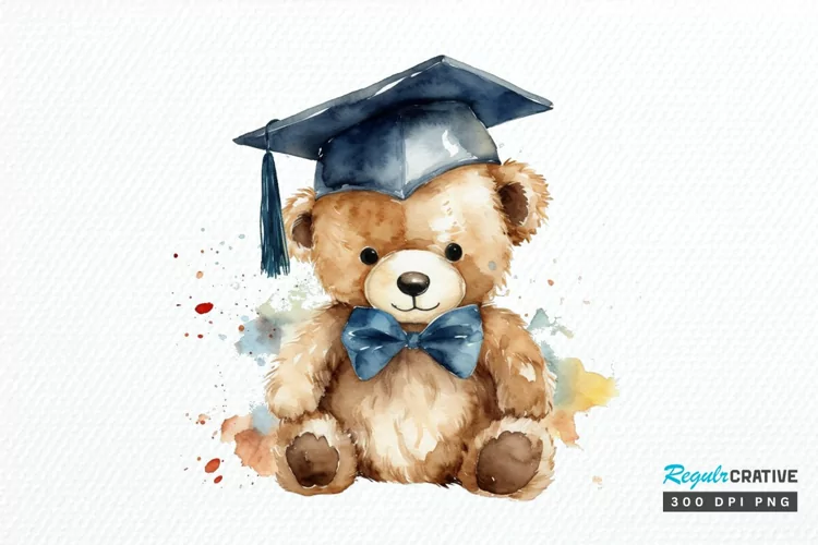 Watercolor Graduate Teddy Bear PNG Clipart
