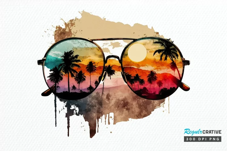 Watercolor Vintage Sunglasses Sunset PNG Clipart