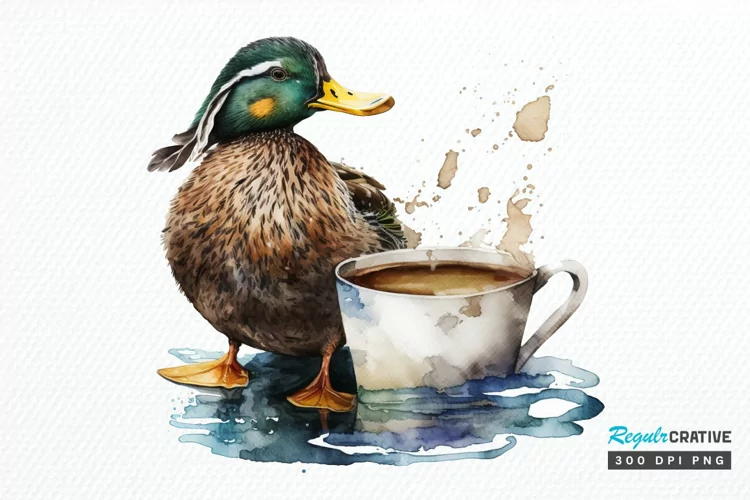 Watercolor Cute Mallard with a Cup PNG Clipart