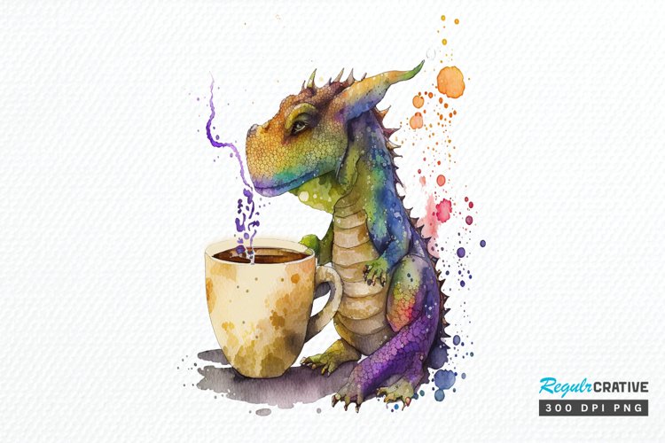 Watercolor Cute Dragon Drinking Coffee PNG Clipart example image 1