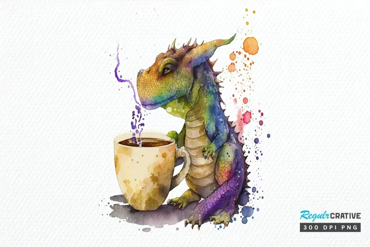 Watercolor Cute Dragon Drinking Coffee PNG Clipart