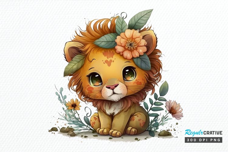 Watercolor Cute Baby Lion Kawaii Cartoon PNG Clipart