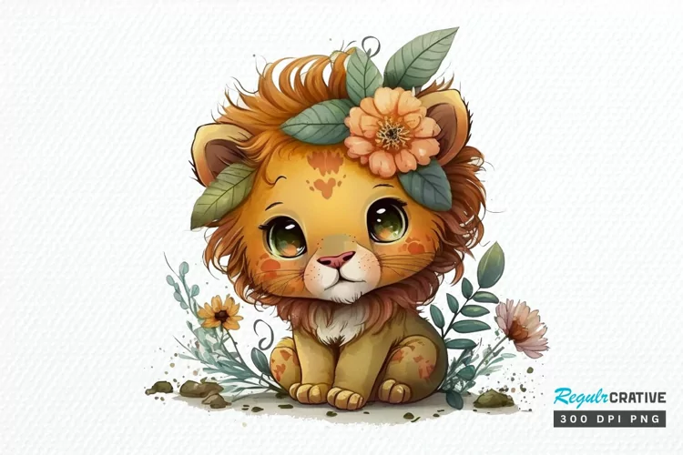 Watercolor Cute Baby Lion Kawaii Cartoon PNG Clipart