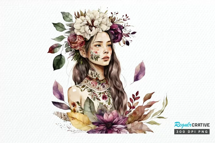 Watercolor Floral Boho Girl PNG Clipart