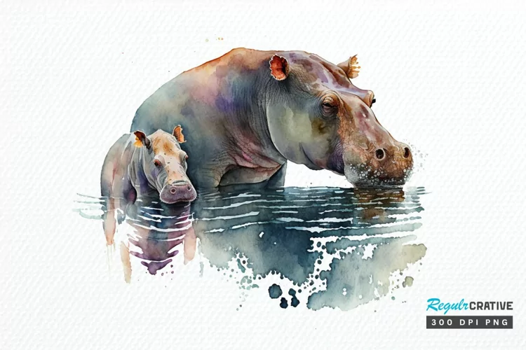 Watercolor Mom and Baby Hippopotamus PNG Clipart