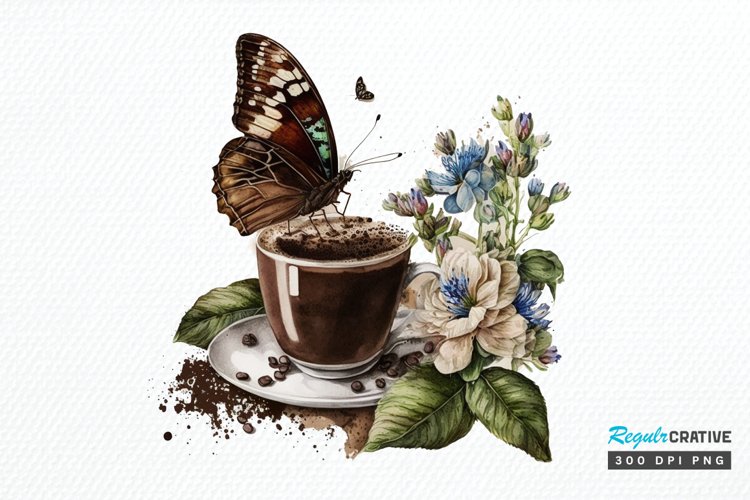 Watercolor Spring Coffee Butterfly PNG Clipart