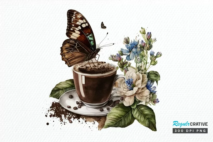 Watercolor Spring Coffee Butterfly PNG Clipart
