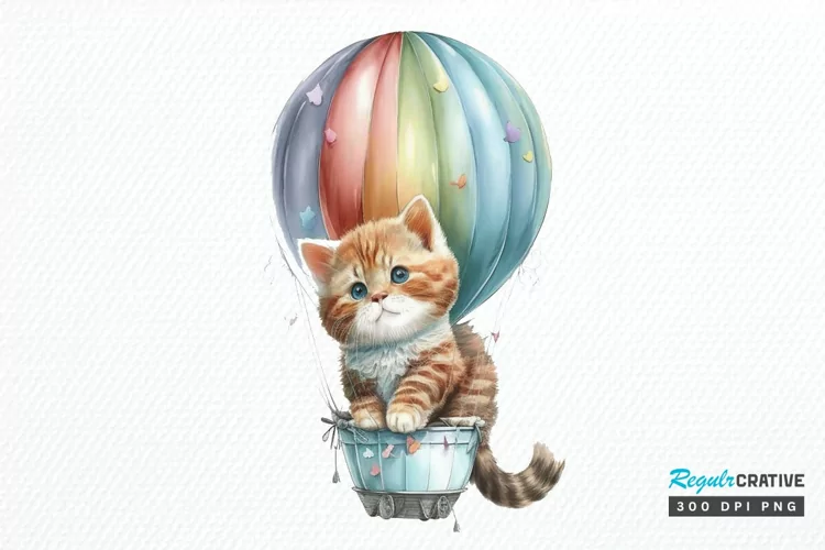 Watercolor Cute Kitten with Air Balloon PNG Clipart