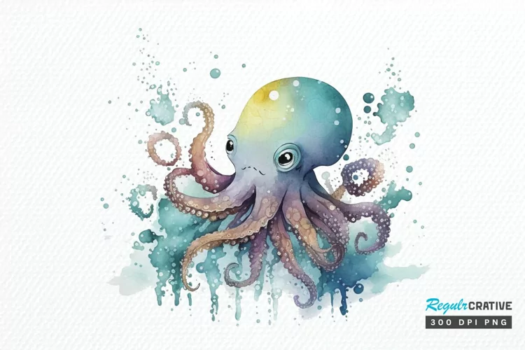 Watercolor Cute Octopus PNG Clipart