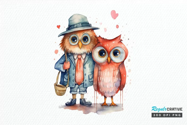 Watercolor Cute Couple Owl PNG Clipart