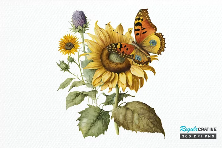 Watercolor Vintage Butterfly Sunflower PNG Clipart