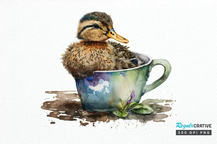 Watercolor Cute Mallard with a Cup PNG Clipart