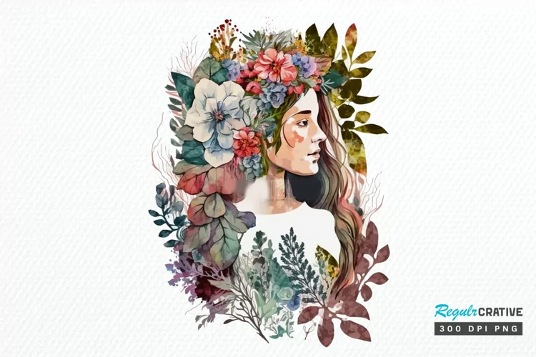 Watercolor Floral Boho Girl PNG Clipart