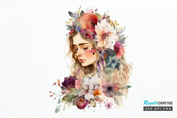 Watercolor Floral Boho Girl PNG Clipart
