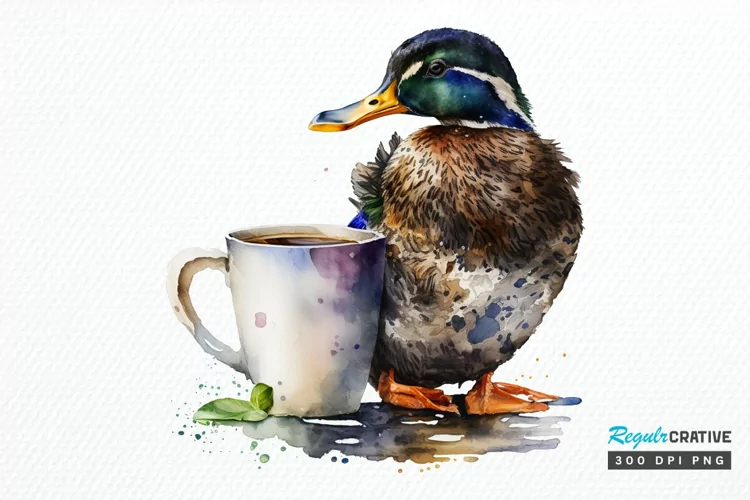 Watercolor Cute Mallard with a Cup PNG Clipart