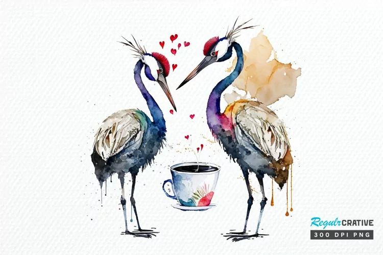 Watercolor Cute Cranes with a Cup PNG Clipart