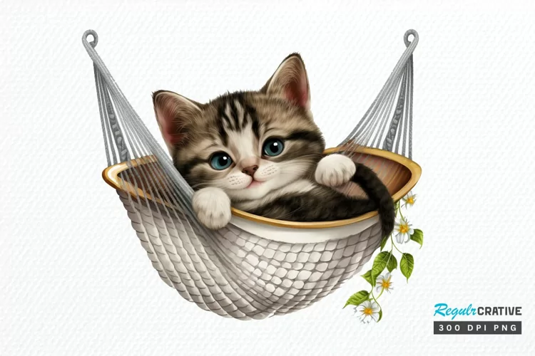 Watercolor Cute Cat in a Hammock PNG Clipart