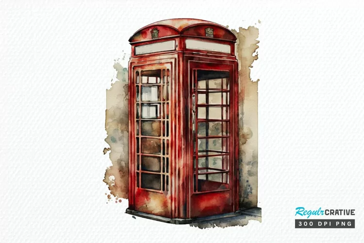Watercolor Vintage Public Telephone Booth PNG Clipart