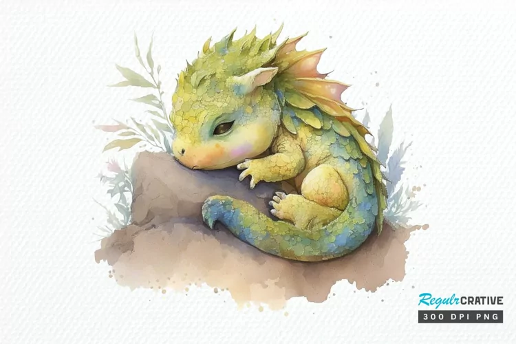 Watercolor Cute Baby Dragon Sleeping PNG Clipart